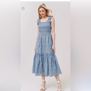 Sea New York Strawberry Lily Printed Smocked Midi Dress